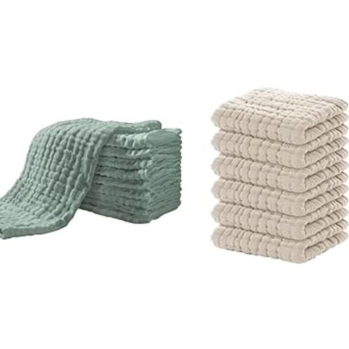 Yoofoss Muslin Burp Cloths 10 Pack 20''X10'' Dark Green & Baby Washcloths 6 Pack 12x12in (Apricot)