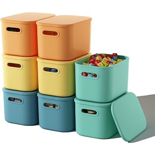 8 Pack Colorful Storage Bins with Lids Stackable Storage Container for Organizing, Storage Boxes with Handle for Shelves, Cute Storage Bin for Craft, Snacks, 9.85x6.9x5.7 inch
