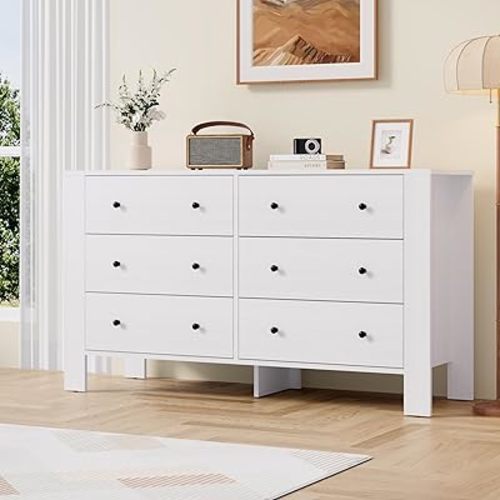 GarveeHome White 6 Drawer Dresser for Bedroom, Modern Double Dresser Organizer with Storage Drawers, Wooden Chests of Drawers for Bedroom, Entryway, Hallway, Home Office
