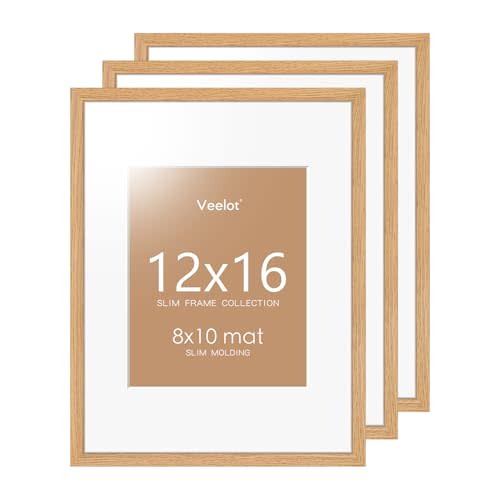 Veelot® 3x - 12x16 Picture Frame with Shatter-Resistant HD Plexiglass - as 8x10 Frame with Mat or Display 12x16 Photo Without Mat - Picture Frames for Wall - Natural Oak