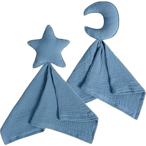 insular Baby Lovey Blanket for Boys and Girls, Organic Cotton Muslin Security Blanket for Babies, Soft Breathable Lovie Soothing Towel for Newborn and Infant, Star&Moon (Blue)