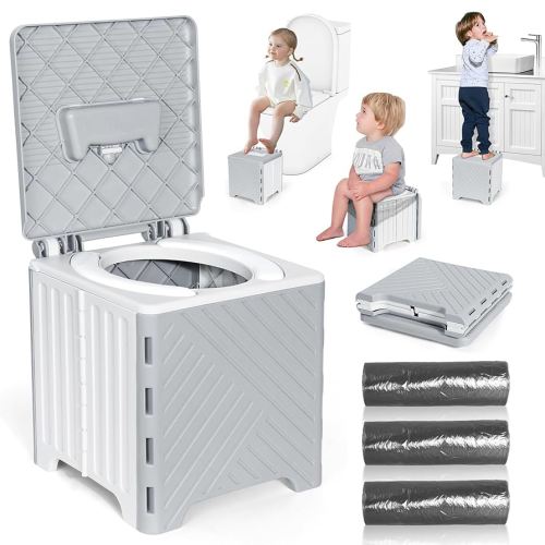 Orzbow Portable Potty for Toddler Travel, Foldable Car Potty with Storage Bag for Kids Boys Girls, 3-in-1 Potty Training Toilet, Potty Seat Chair, Step Stool, Includes Disposable Potty Bags, Grey