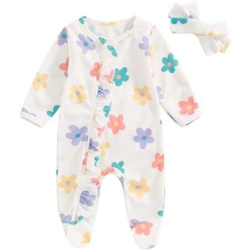 Newborn Baby Girl Coming Home Clothes Long Sleeve Jumpsuit and Headband Infant Fall Winter Outfits