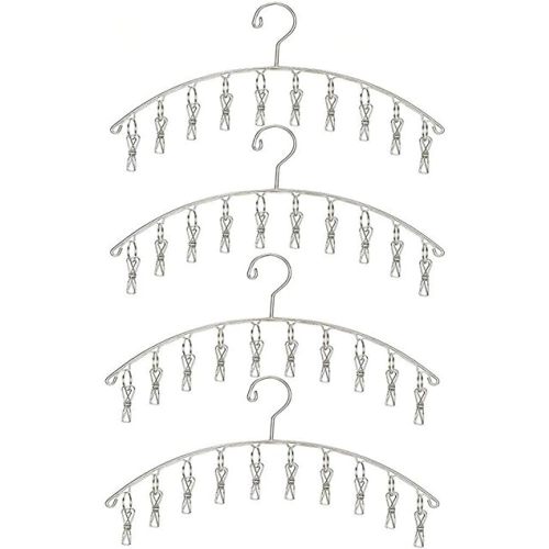 Toplife Clothes Hanger with 10 Clips, Stainless Steel, Windproof, for Drying Socks, Bras, Underwears, Baby Clothes, Hats, Scarfs, Towels, Pants and Gloves, Set of 4