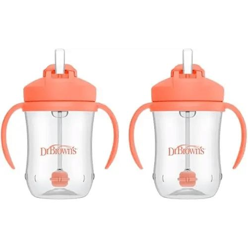Dr. Brown's Milestones Baby’s First Straw Cup, Training Cup with Weighted Straw, Coral, 6m+ (Pack of 2)