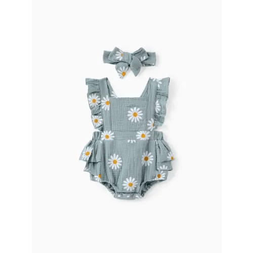 100% Cotton 2pcs Daisy Print Crepe Fabric Baby Romper Set Only $16.99 PatPat US Mobile