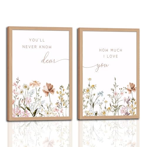 2Pcs Framed Wildflower Nursery Wall Art Flower Botanical Canvas Poster Painting Picture Boho Girl Nurseries Print Artwork for Nursery Baby Room Living Room Bedroom Home 16X24in