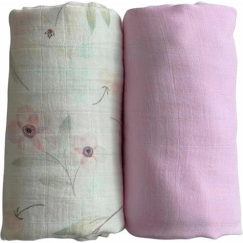 Ultra-Soft Organic Muslin Swaddle Blankets – 70% Viscose from Bamboo & 30% Cotton, 2-Pack – Gentle, Breathable, Lightweight, Soft Muslin – 47 x 47 inch, Soft Baby Wraps (Spring Floral&Blush Pink)