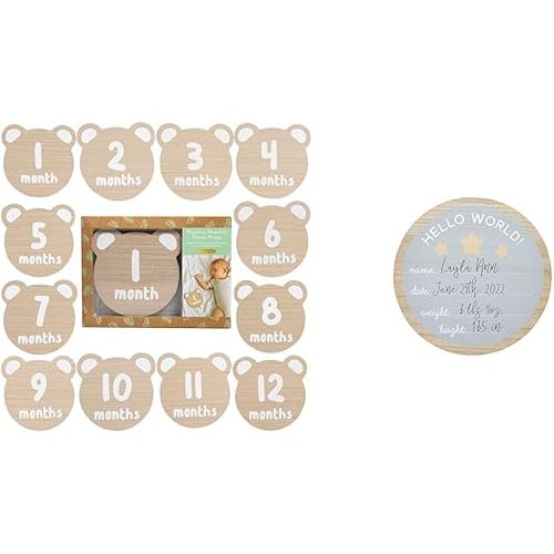 Bundle of Kate & Milo Monthly Baby Milestone Photo Props, Teddy Bear Theme+ Kate & Milo Hello World Fill-in Wooden Photo Prop