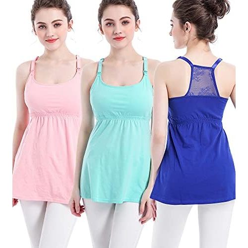 SUIEK 3 Pack Maternity Nursing Tank Tops with Bralette Cotton Breastfeeding Camisole