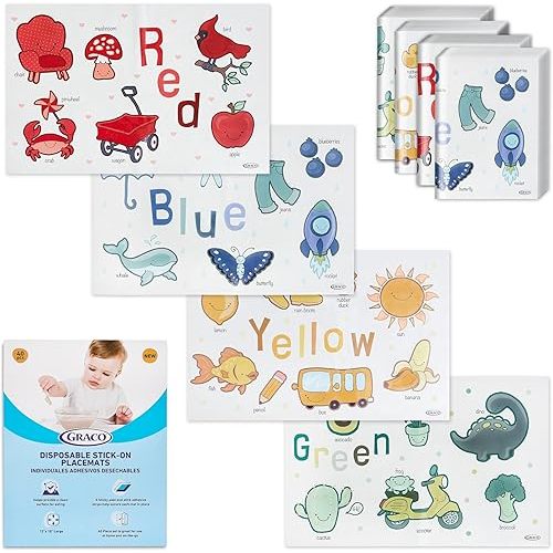 Graco Baby Disposable Stick-On Placemats, 4 Subtle Designs (10 Each), 12"x18" Sticky Placemats with Adhesive Strips for Baby Led Weaning, Home & Restaurant Use, Eco-Friendly