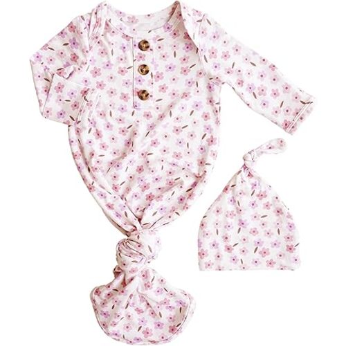 Caden Lane Newborn Knotted Gown with Hat, Soft Bamboo Viscose Baby Sleep Sack, Unisex Infant Nightgown, Breathable Sleepwear