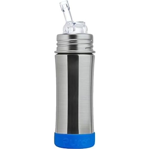 Pura Kiki 11oz/325ml Stainless Steel Straw Bottle w/Sleeve, 100% Plastic-Free, MadeSafe Certified, 100% Medical-Grade Silicone Straw for Kids, Toddlers, Preschoolers, Babies & Infant - Ocean Bumper