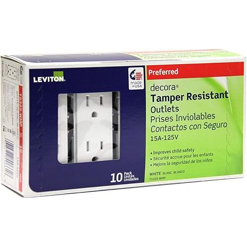 Leviton T5325 15 Amp Decora Tamper-Resistant Duplex Electrical Wall Outlet - White, 10 Pack