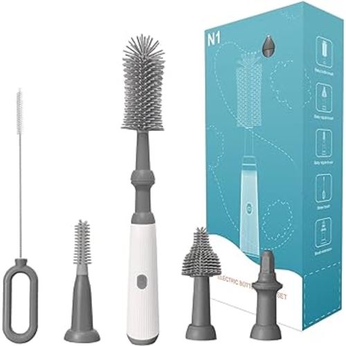 Electric Bottle Brush Cleaner Set, Electric Baby Bottle Brush Cleaner with Rechargeable Electric Bottle Cleaner and Silicone Bottle Brushes and Straw Brush, Automatic Bottle Cleaner Brush (Grey)