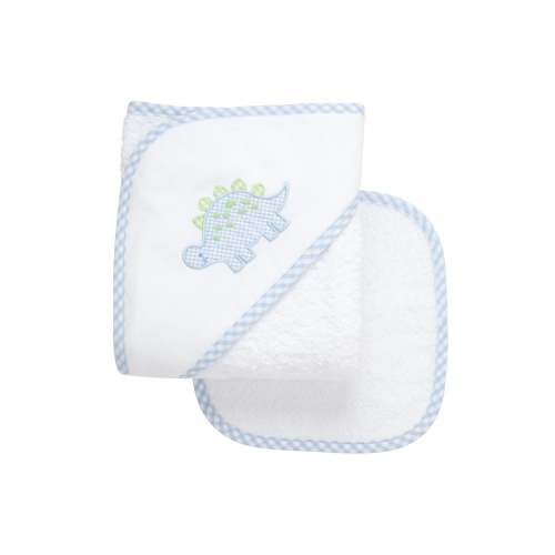 Dino Applique Hooded Towel & Washcloth Set, Blue