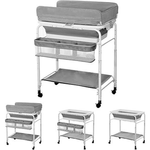 2-in-1 Portable Baby Changing Table with Baby Tub,Foldable Changing Table, Baby Changing Station with Wheels,Height Adjustable Diaper Changing Table for Infant and Newborn