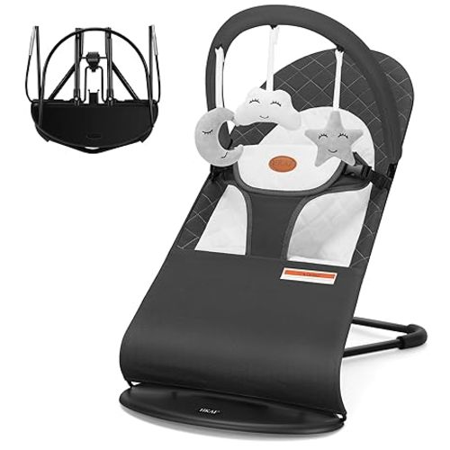 HKAI Baby Bouncer, Portable Baby Bouncer Seat for Babies 0-18 Months, 100% Cotton Fabrics, 3 Modes of use with Rocker and Stationary Options, Infant Rocker Chair with Hanging Toys-Dark Grey