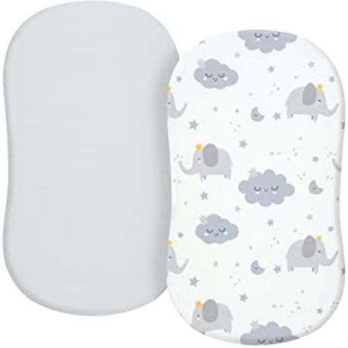 TILLYOU Bassinet Fitted Sheets for Baby Boy Girl, Universal Fit for Cradle Oval Rectangle Hourglass Mattress, 2-Pack Elephant & Cloud