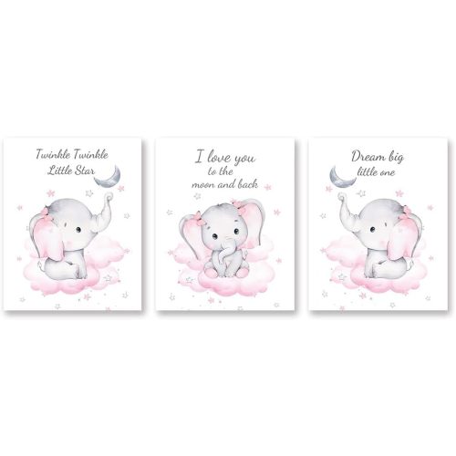 DXOAGXQ Watercolor Elephant Quote Art Print,Elephant Nursery Canvas Wall Art,Pink Elephant Nursery Wall Decor,Wall Decoration of Kindergarten Girls' Bedroom(8”X10”X3 pcs, Unframed)