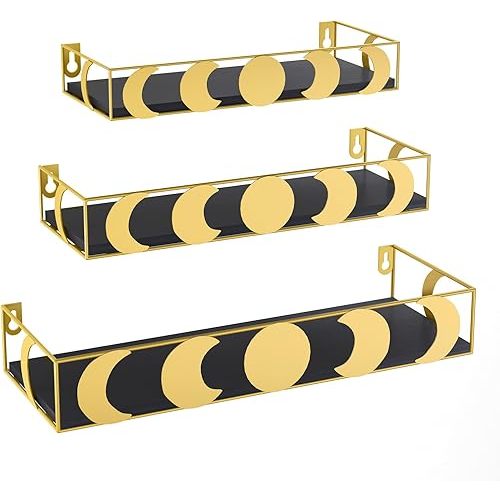 PHAREGE Gold and Black Floating Wall Shelves, Moon Phase Decorative Small Shelves for Bedroom Kid Room, Display Shelf for Crystal Collectibles Figurine, 3 Pack
