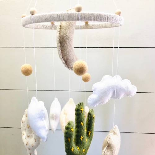 Saguaro Cactus and Cloud Nursery Mobile, Simple Cactus Moon Mobile Decor, Cactus Cloud Hanging Woodland Theme Mobile Decor