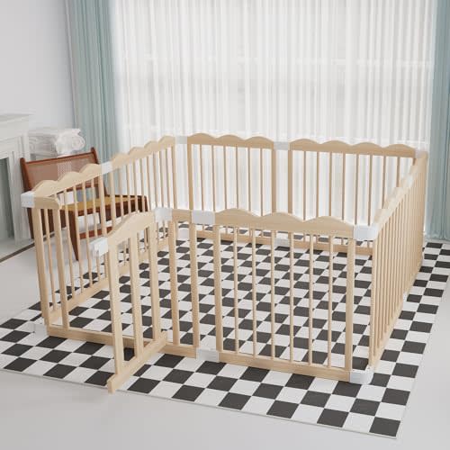 Baby Playpen, Wooden Playpen for Babies and Toddlers, Large Adjustable Wooden Baby Playpen with Locking Gate, Easy to Assemble, Portable Playpen, Baby Fence Play Area(47x62x24 Inch)