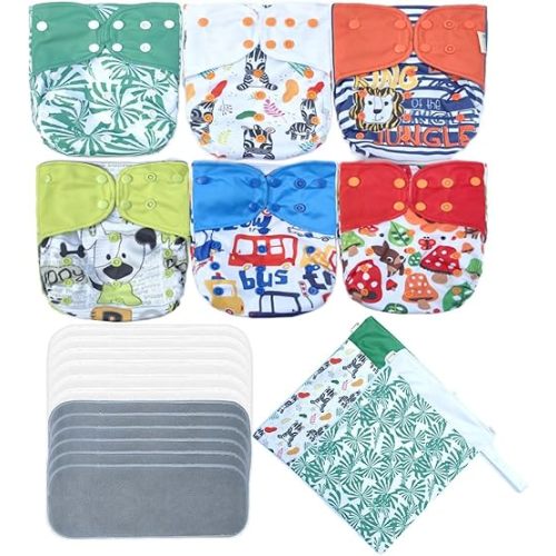 Double Gusset Anti Leakage All in One Size Baby Cloth Diapers 6pcs Washable Reusable Covers Packed with 12 Inserts 2 Wet Bags for Baby Girls and Boys (Boy Prints 05)