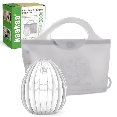 haakaa Wearable Silicone Breast Pump with Steriliser Bag, 2-in-1 Hands-Free Passive Breast Milk Catcher for Nursing Mom, Breastfeeding Essentials, 75ml Shell Pump & 750ml Steriliser Bag - Grey
