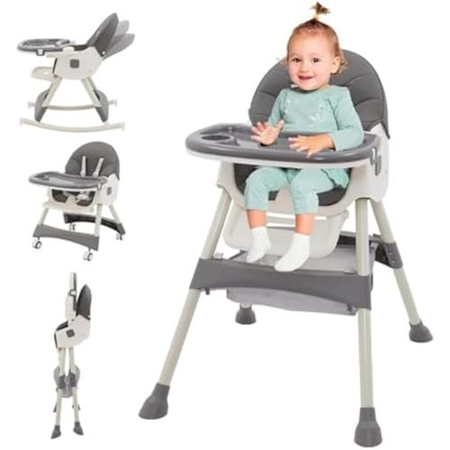 Chaise haute 3 en 1 pliable réglable convertible pour bébés et tout-petits - Siège rehausseur portable à bascule avec coussin en polyuréthane, repose-pieds et double plateau (gris)