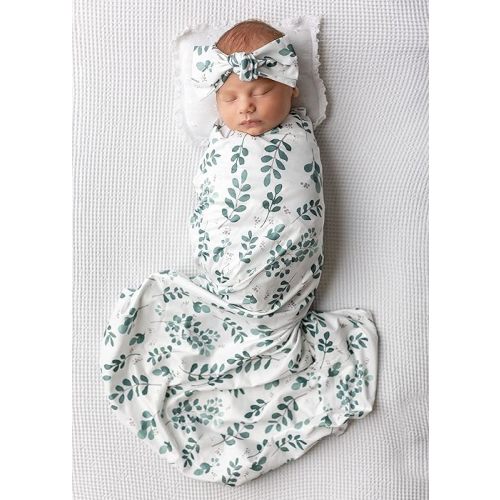 Newborn Baby Girl Baby Boy Unisex Receiving Blanket Swaddle Blanket Swaddle Set with Matching Headband and Hat (Green)