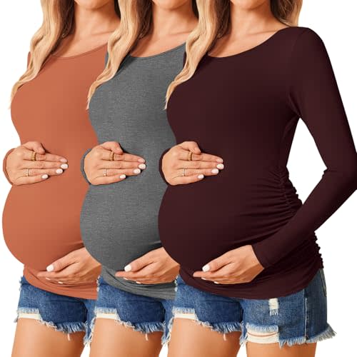 Ekouaer Womens Maternity Shirts Long Sleeve 3 Packs Pregnancy Tee Top Tunic Blouse Casual Mama Clothes S-XXL