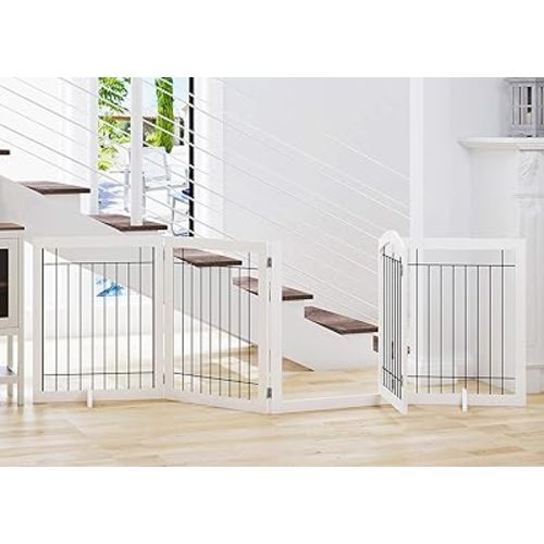 SPIRICH 96-inch Extra Wide 30-inches Tall Dog Gate with Door Walk Through, Freestanding Wire Pet Gate for The House, Doorway, Stairs, Pet Puppy Safety Fence, Support Feet Included (White)