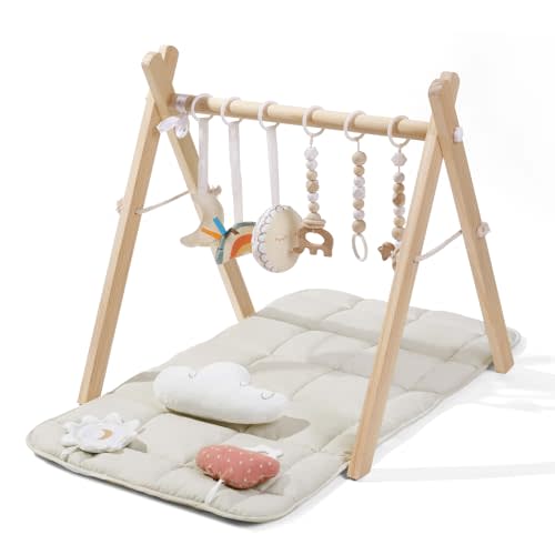 Foldable Baby Play Gym with Mat, Wooden Play Gym with 9 Sensory Toys, Frame Activity Center, Natural Pine Wood, Montessori Toys, Easy to Assemble & Clean, Natural Color