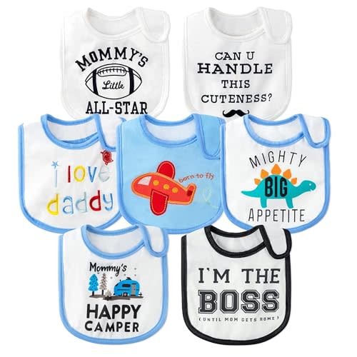 2ooya 7Pcs Cotton Waterproof Baby Bibs Hook Loop Closure Newborn Bib Keepsake Baby Gift for Drooling Feeding Eating