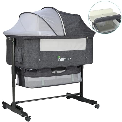 Baby Bassinet, Bedside Sleeper with Wheels, Aluminum Alloy Frame Bedside Bassinet with Changing Station, Mattress, Canopy and Storage Basket, 5 Adjustable Heights, Gray Bedside Bassinet for Baby