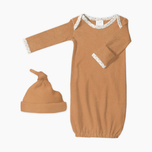 SwaddleDesigns Cotton Knit Long-sleeve Pajama Gown with Mitten Cuffs and Knotted Hat - Heathered Butterum, 0-3 M
