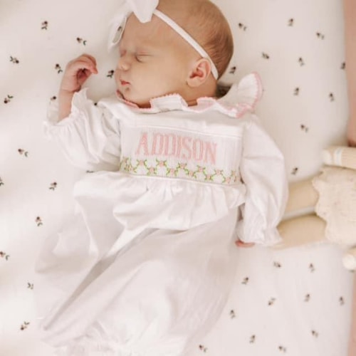 PREORDER- GIRLS PINK & WHITE NAME SMOCKED INFANT GOWN