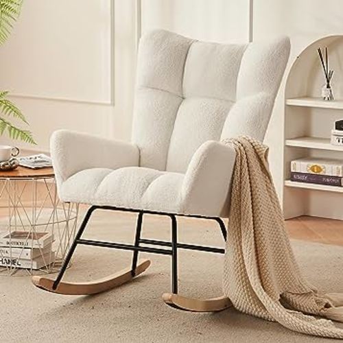 Modern Nursery Rocking Chair, Upholstered Glider Chair with High Backrest, Rocker Accent Armchair with Solid Wood Legs for Nursery Bedroom Living Room (Cold White Teddy)