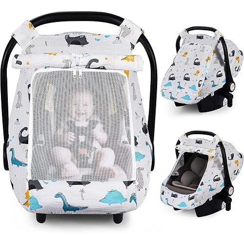 Rquite Car Seat Cover Baby, Carseat Covers Girl Boy, Breathable Muslin Cotton, Large Mesh Window, Infant Car Seat Canopy Baby Carrier Cover Stroller Sun Shade for Summer & Hot Day