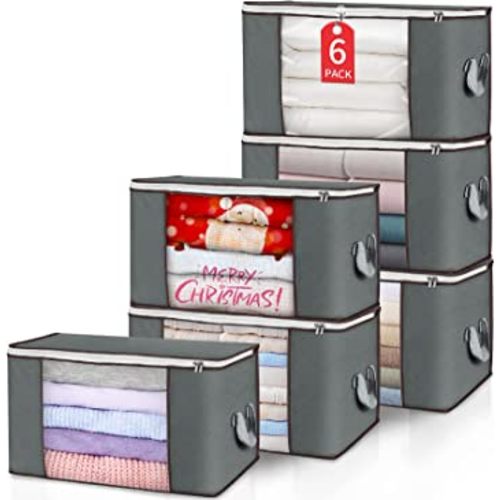 90L Large Storage Bags, 6 Pack Clothes Storage Bins Foldable Closet Organizers Storage Containers with Durable Handle for Clothing, Blanket, Comforters, Bed Sheets, Pillows and Toys (Gray)