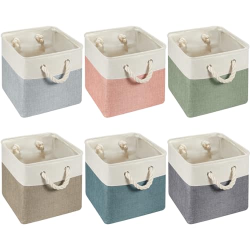 Geiserailie 6 Pcs 11 x 11 Inch Cube Storage Bins Fabric Storage Organizer Bins Foldable Cube Baskets with Sturdy Carry Handles Wicker Baskets for Home (Morandi Colors)