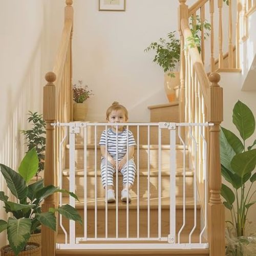 29-48" Baby Gate for Stairs, Baby Safety Essentials, Auto Close Gate for Doorways, Easy Install Pressure Mounted Dog Gate Indoor, Pet Gates for Dogs, White