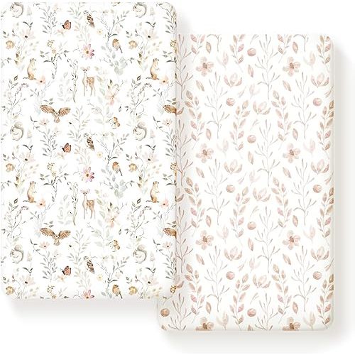 GRSSDER Stretch Ultra Soft Jersey Knit Fitted Crib Sheets Set 2 Pack,Fit All Standard Crib Mattress Pads Safe and Snug, Crib Fitted Sheet for Girls, Beautiful Blush Pink Floral and Cute Animals Print