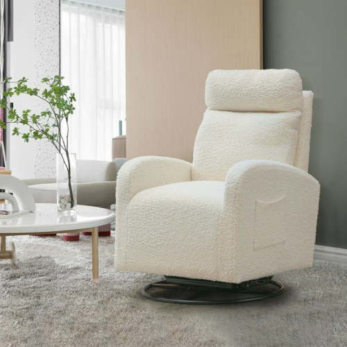 Muumblus Teddy Nursery Glider Swivel Glider Rocking Chair with Lumbar Pillow, White