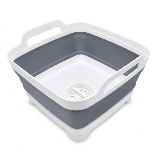 2.4 Gal(9L) Collapsible Dish Basin with Drain Plug, Space Saving Outdoor Multiuse Foldable Sink Tub, Dishpan, Kitchen Storage Tray for Camping, Vegetable Washing, RV (Gray)