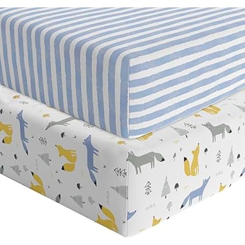 Featherhead™ 2-Pack Fitted Crib Sheets - 100% Cotton - 52" x 28" x 9" for Standard Crib and Toddler Mattress (Jersey Blue Foxes)