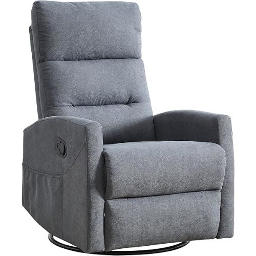 PELUMY Manual Recliner Chair, 360° Swivel Glider and Rocker Recliner with 155° Recline, Compact Fabric Recliner for Small Space, Nursery, Living Room, Bedroom, No Tools Assembly (Grey)