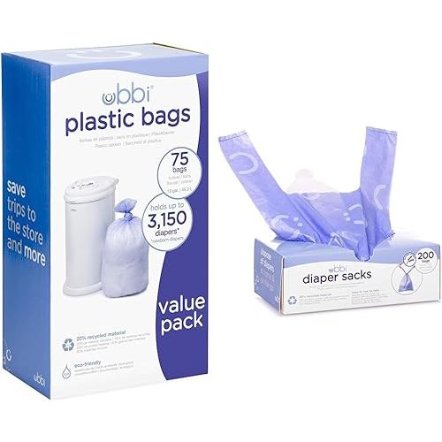 Ubbi Disposable Diaper Pail Plastic Bags, Value Pack, 75 Count, 13-Gallon Bags & Disposable Diaper Sacks, Lavender Scented, Easy-To-Tie Tabs, Diaper Disposal or Pet Waste Bags, 200 Count