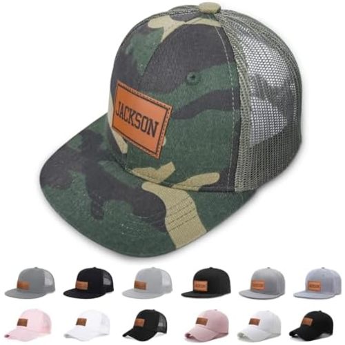 Personalized Kid Baseball Hat Cap: Custom Name Leather Sun Hats - Adjustable Snapback Trucker Caps for Child Boys Girls